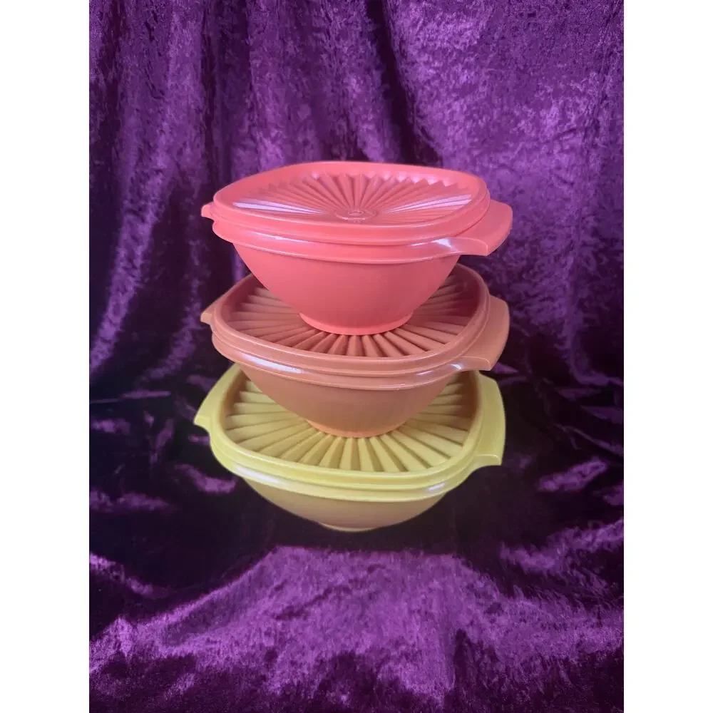 Vintage Tupperware Plastic Servalier Bowl Set – Harvest Colors Sunburst Lids